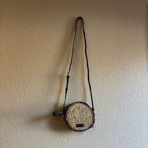 Rosetti Round Woven Crossbody Bag with Black Trim